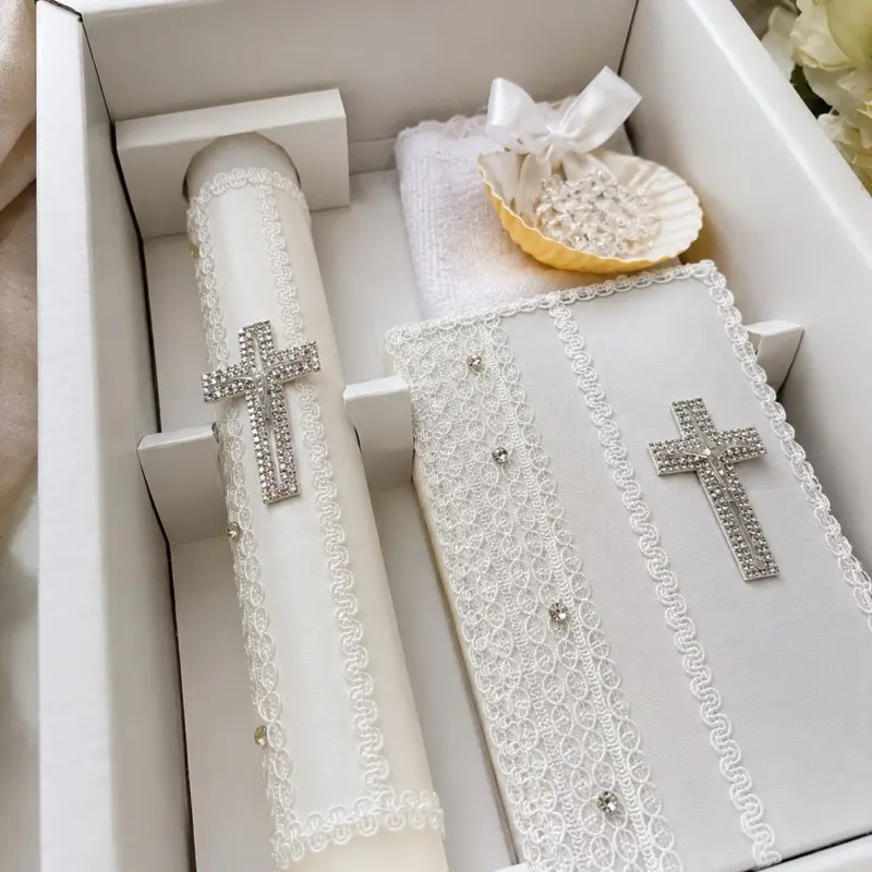 5-Piece Traditional Baptism Ceremony Candle Set - Sacramental Gift with Rosary, New Testament, Decorative Elements in White Box for Boys & Girls (English, Spanish, 8 in), Five Pieces