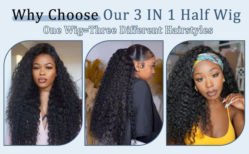 VOSILK Water Wave Half Wig 3 in 1 Drawstring Seamless Flip Over With Adjustable String Invisible Hairline Headband Wig Beginner Friendly Glueless Wig for Women