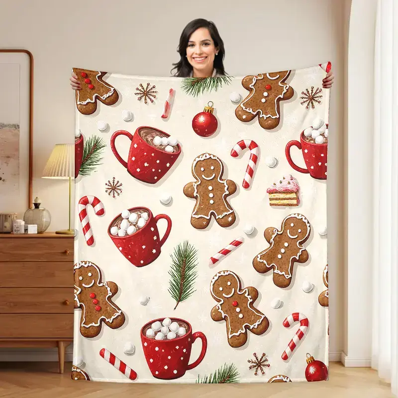 Gingerbread Man Christmas Pattern Flannel Throw Blanket for Adults - 280g/sq m Modern Polyester Print, Fluffy Weave, Fuzzy Texture, All Season, Machine Washable, Living Room Home Decor Holiday Gift, Cozy, Soft, Cozy Blankets, Soft Throws Blanket