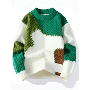 Men's Color-Block Cable Knit Sweater - Thickened Warm Winter Pullover with Round, Ribbed Cuffs & Korean-Inspired Design, Casual Fall & Winter Knitwear, Knitted Sweater, Quality Fabric Construction