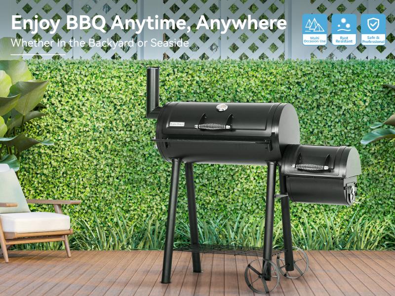 Heavy Duty Outdoor Smoker, BBQ Charcoal Grill with Offset Smoker, 512 Sq.In. Cooking Area, 49.9x24.9x48.1 Inches, Smokeless Design Portable Modern