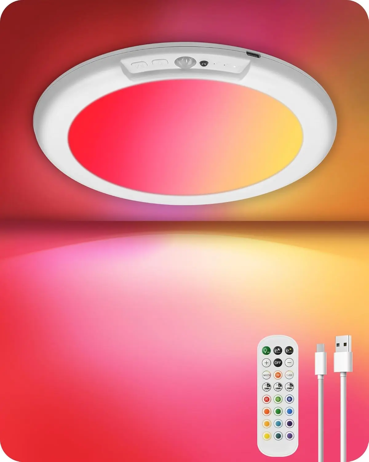 Color Changeable LED Motion Sensor Ceiling Light - Modern Thin, Rechargeable, Dimmable Lamps, 13 RGB & Cool White Colors, Remote-Control Magnetic Fixture with Screws/Push Button, Timer Setting, Home Decor Lighting for Closet, Kitchens, Interior Lights, De