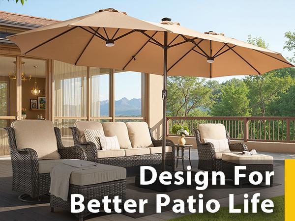 HOOOWOOO 15FT Solar LED Patio Umbrella with Base & Crank - Outdoor Market Umbrella for Garden, Deck, Backyard, Pool, Beach - Durable Water-Resistant Fabric, Adjustable Lighted Umbrella