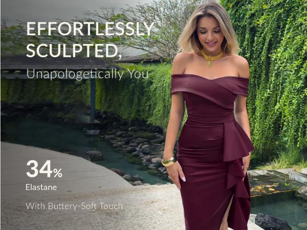 CurvySweet Off The Shoulder Formal Evening Midi Dress with Built-in Bra Bodycon Ruched Slit for Fall Wedding Guest & Cocktail Parties SpringStatements