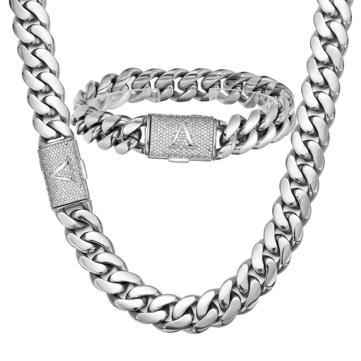 Men's 14mm Chunky Cuban Link Choker Necklace - Stainless Steel Jewelry, Diamond-Cut Shine, Sturdy Steel Resists Daily Wear, Hip-Hop Style, Street-Ready, Casual Wear, Personalized Initial Gift