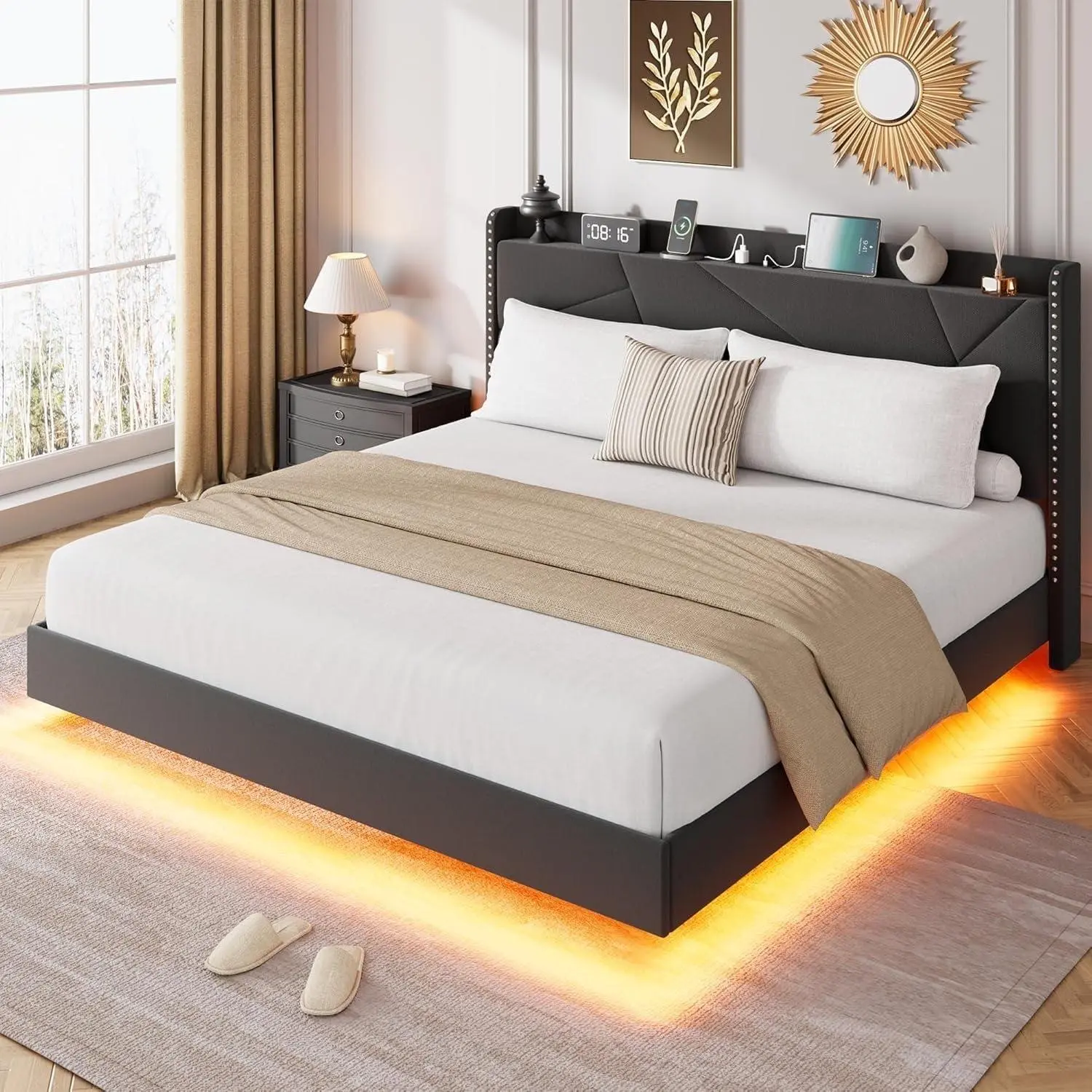 Gaomon Modern Floating Queen-Size Upholstered Steel Platform Bed - Sturdy Silent Stable Structure, Adjustable RGB LED Lights, Storage Headboard with Charging Station, Memory Foam Compatible, No Box Spring Needed, Black