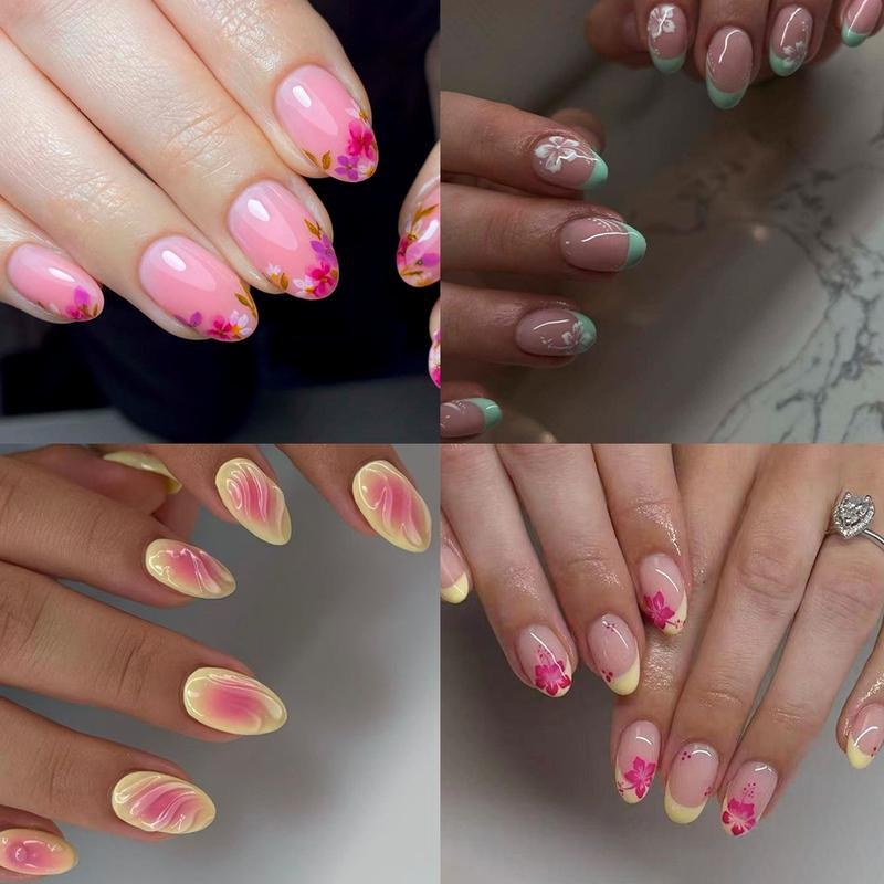 96pcs Short Oval False Nails, Multicolor Floral French Style, Y2K Acrylic Press-On Nails, Reusable for Women and Girls, DIY Nail Kit