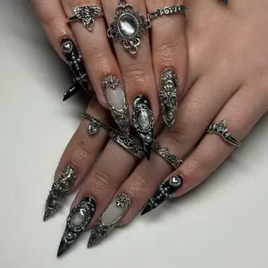 Gothic Baroque Metal Press On Nails | Black & Silver Luxury Nail Art | 3D Gothic Cross Stiletto Nails | Statement Nail Design