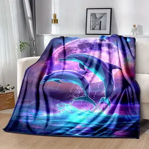 1pc Vibrant Dolphin & Ocean Waves Flannel Blanket - Soft, Comfortable, All-Season Throw for Camping, Sofa, Bed, and Office Decor, White with Blue and Purple Design, Perfect for Home or Gift Giving, Camping Essentials | Vibrant Blanket | Soft Texture,
