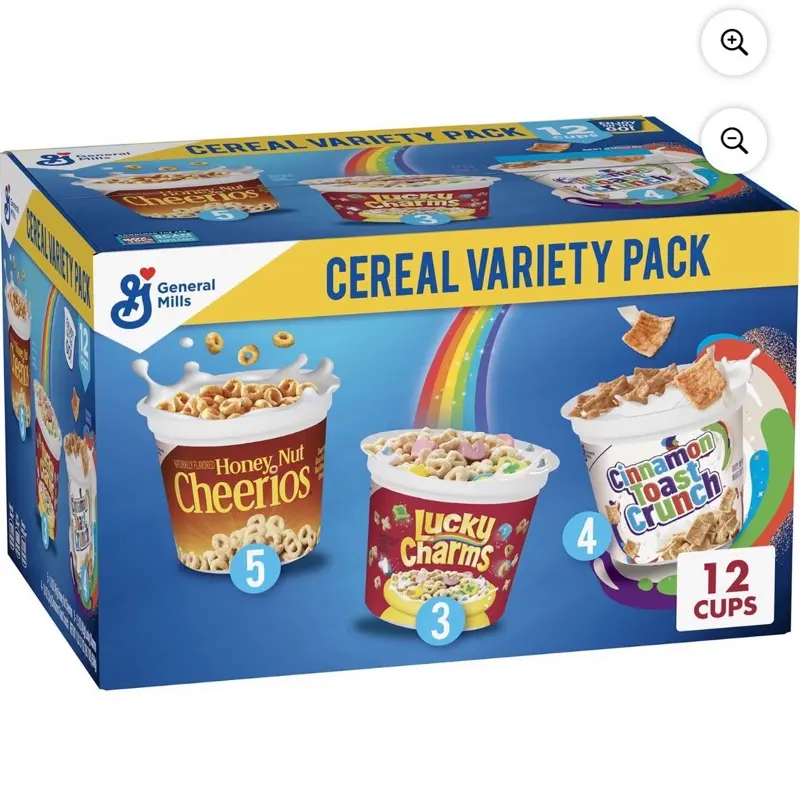 Cereal Variety Pack 12 Cups Honey Nut Cheerios Lucky Charms Cinnamon Toast Crunch Breakfast Cereals