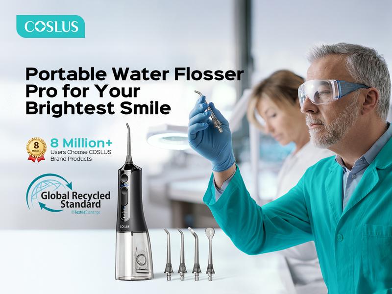 COSLUS C51 Water Flosser Teeth Pick: Portable Cordless Oral Irrigator 300ML, IPX7 Waterproof,Rechargeable Travel Irrigation Cleaner,Electric Flossing Machine for Teeth Cleaning 18 Pressure Settings, 2-Min Smart Timer, for Braces & Sensitive Teeth