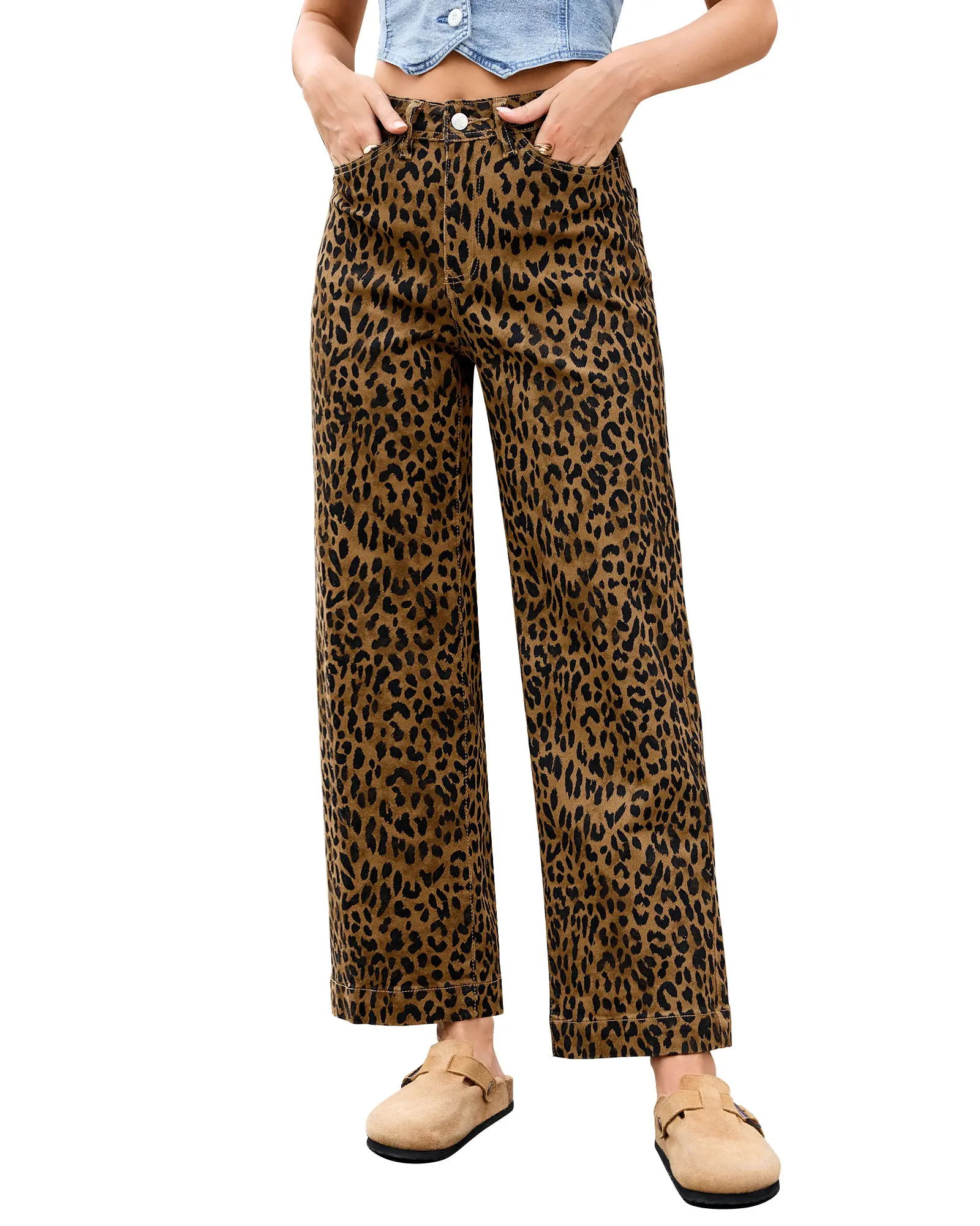 luvamia Wide Leg Jeans Woman Trendy High Waisted Leopard Cheetah Print Ankle Length Stretchy Denim Pants with Pockets, Trouser, Retro, Streetwear, Lady, Bottom, Zipper, Style, Leopard Print, Clothes For Women, Button