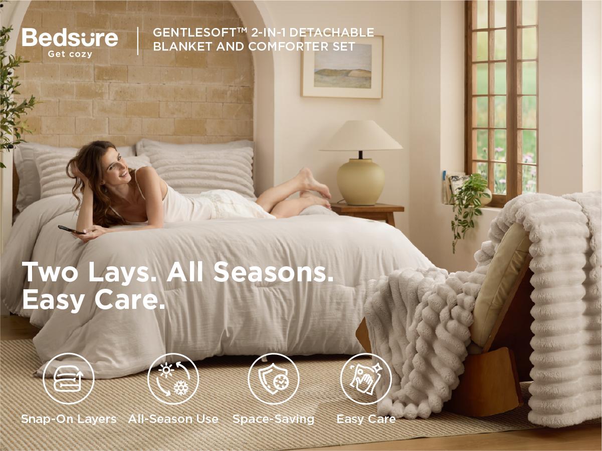 【Spring Glow Up】Bedsure 6 Pieces Gentlesoft 2-in-1 Comforter Set and Detachable Fluffy Blanket,  All Season , SnapTech Design for Space Saving