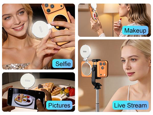 Newmowa 3-in-1 Magnetic Mirror Selfie Light – 360° LED Ring Light with MagSafe, Mirror and Phone Stand, Portable Rechargeable Fill Light, 3 Color Temperatures for Makeup, Live Streaming, Video Calls, Gift, Compatible with iPhone 17
