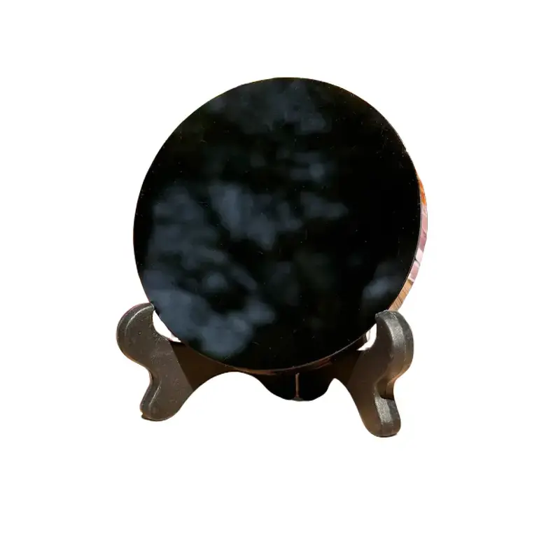 Natural Black Obsidian Crystal Round Wafer Scrying Mirror - Grounding Stone Root Chakra Spiritual Healing Tool with Stand, Witchy Home Ornament, Birthday Christmas Gift for Crystal Enthusiasts, 80mm/100mm Sizes, Around 8, Past Life Issues, Mother's Day