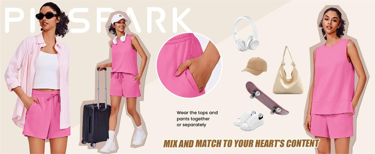 PINSPARK Two Piece Sets for Women Summer Sleeveless Lounge Set Crewneck Tops Sweatsuit Drawstring Shorts Tracksuit Outfits Springtok Pants Clothes Outdoorfun Polo Casual