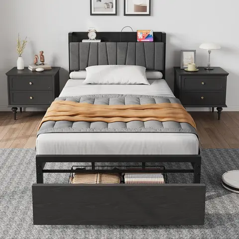 Gaomon Black Twin Size Industrial Minimalist Platform Bed Frame with Storage Headboard, 2 Slideout Drawers, Charging Ports, Steel Slats, 700lb Capacity, Easy Setup, No Box Spring Needed, Modern Bedroom Furniture