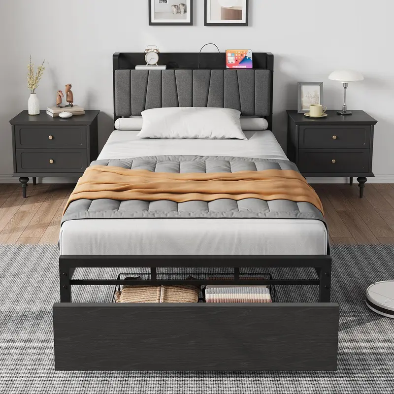 Gaomon Black Twin Size Industrial Minimalist Platform Bed Frame with Storage Headboard, 2 Slideout Drawers, Charging Ports, Steel Slats, 700lb Capacity, Easy Setup, No Box Spring Needed, Modern Bedroom Furniture