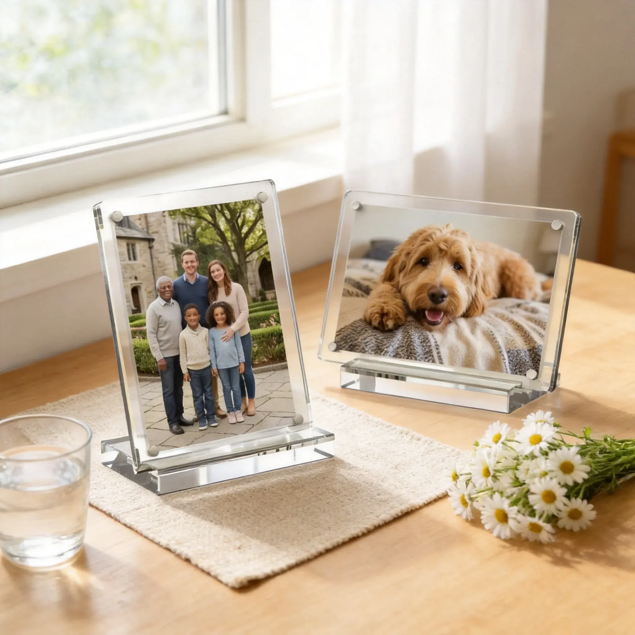 2 Pack Clear Acrylic Picture Frame 2.4x3.5 with Magnetic Closure & Base, Double Sided Frameless Desktop Display for Family Photos, Pet Pictures & Instax Mini Film
