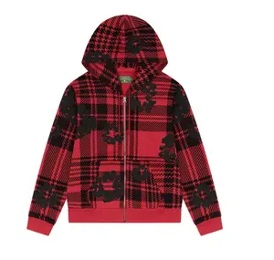 (100% Authentic) Denim Tear Plaid Cotton Wreath Zip Hoodie Red