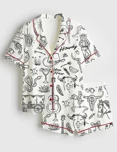 Cowgirl Whimsical Style Hand Drawn Western Bachelorette Party Satin Pajama Set, Bachelorette Cowboy Shirt PJS Gift for Fan, Nightwear Pajama #pajamas