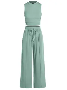 USBOUTIQUE CHIC Women's Summer 2-Piece Outfits - Ribbed Knit Crew Neck Sleeveless Cropped Top & Wide Leg Pants Lounge Set