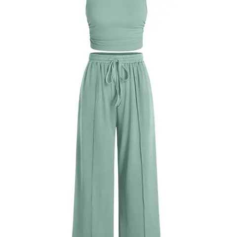 USBOUTIQUE CHIC Women's Summer 2-Piece Outfits - Ribbed Knit Crew Neck Sleeveless Cropped Top & Wide Leg Pants Lounge Set