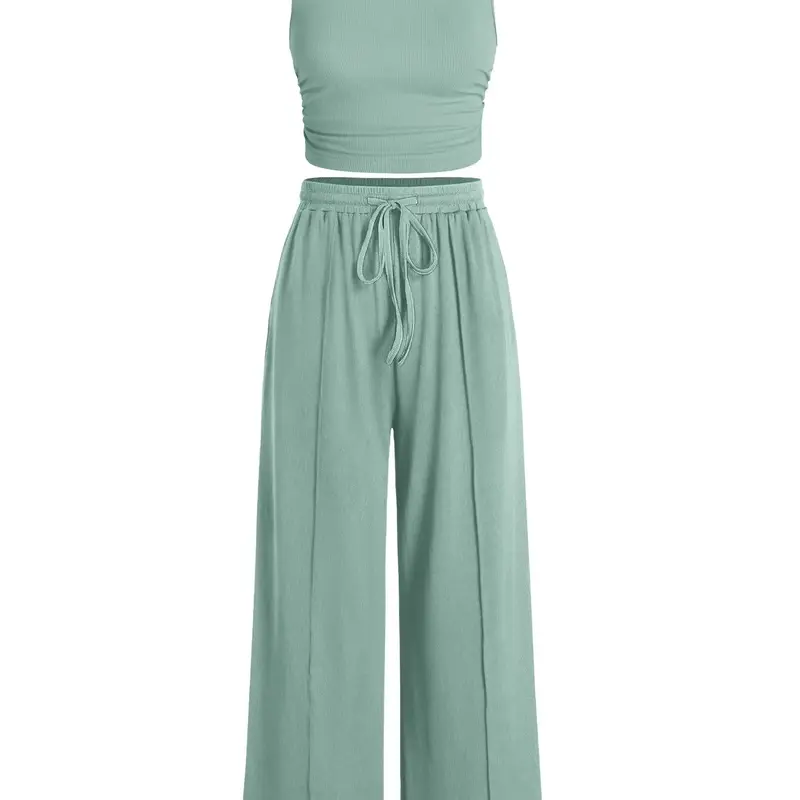 USBOUTIQUE CHIC Women's Summer 2-Piece Outfits - Ribbed Knit Crew Neck Sleeveless Cropped Top & Wide Leg Pants Lounge Set