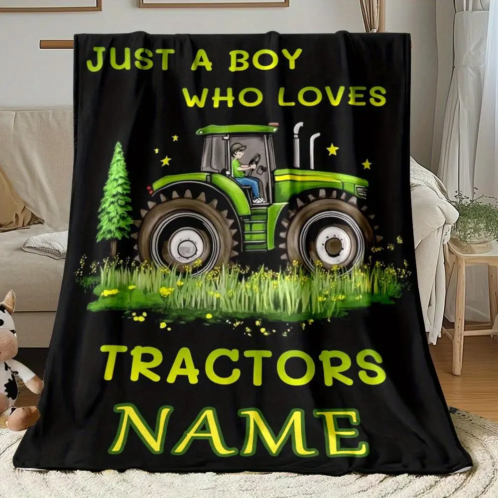 Custom 1pc Boy Loves Tractors Personalized Name Blanket - Lightweight Home Decor Bedding Blanket Ideal for Sofas, Beds, Travel, Camping, Living Rooms, Offices, Sofas, Chairs, And Beds - Soft And Cozy Fabric with Digital Print