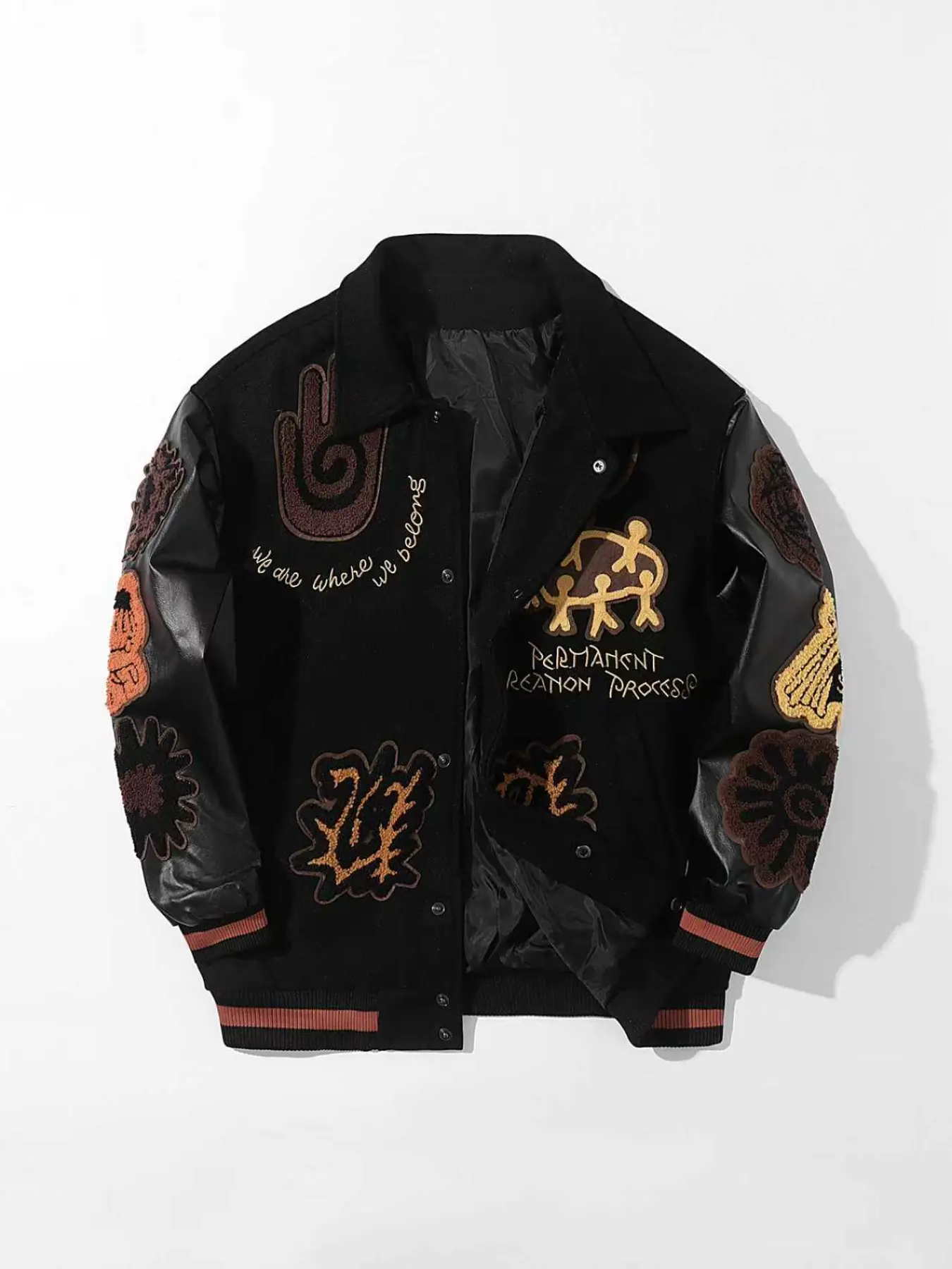 Men's Vintage Baseball Jacket, Letterman Jacket, Vintage Varsity, Long Sleeve Spring & Fall Outerwear, Youth Couple Style, Embroidered Design, Print, Casual Fashion Coat, Unique Embroidery, Casual Lapel Jacket, Casual Outerwears, Trendy Outerwear