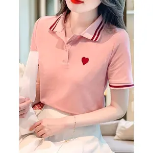 Women's black shirt with white stripes and heart-shaped design - casual sports style, short sleeved, button neck,