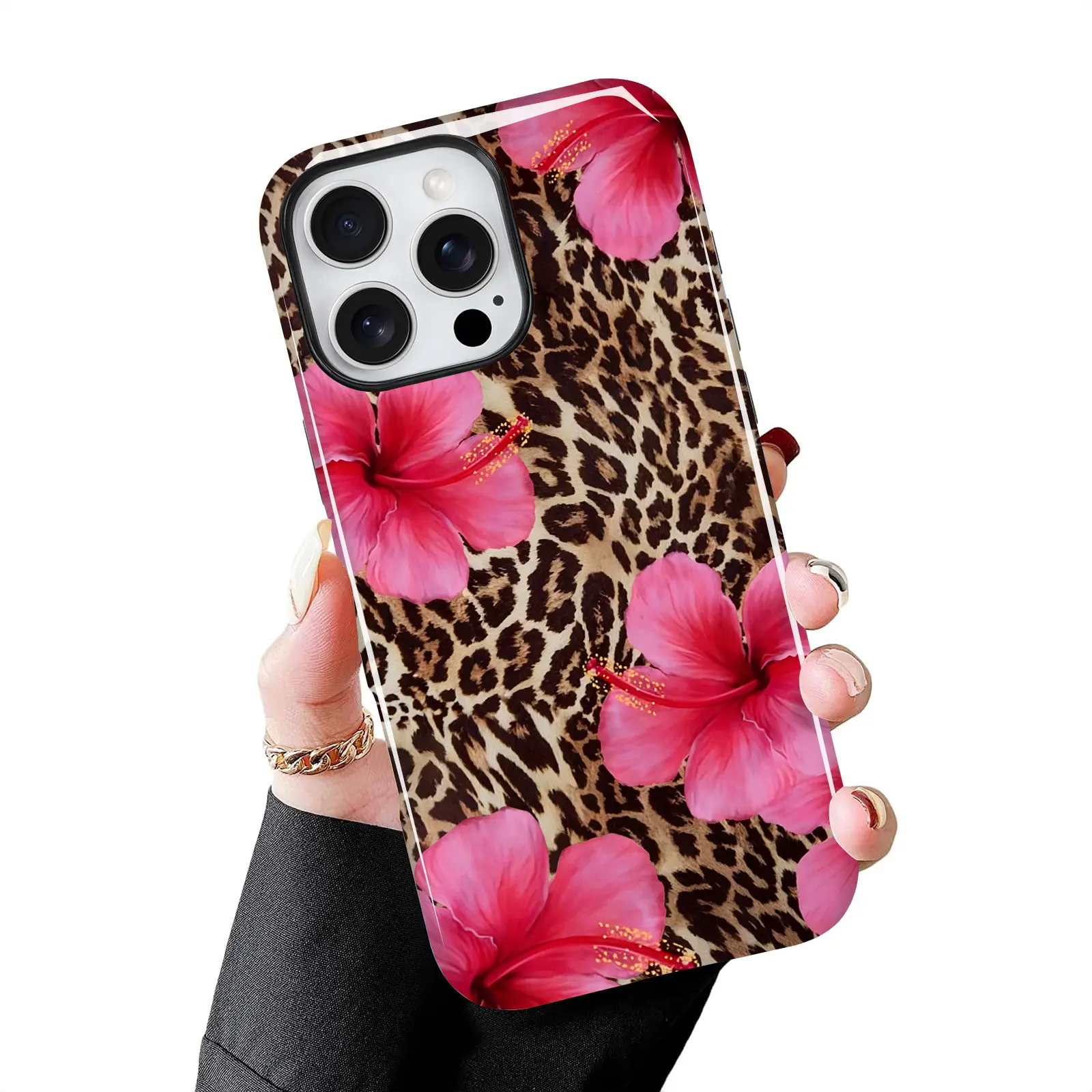 Leopard Hibiscus Flower Aesthetic Phone Case with Glossy Finish Shockproof Protection for iPhone 17/16/15/14/13 Pro Max