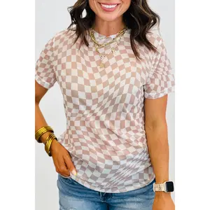 Khaki Checkered Print Mock Neck Mesh T Shirt