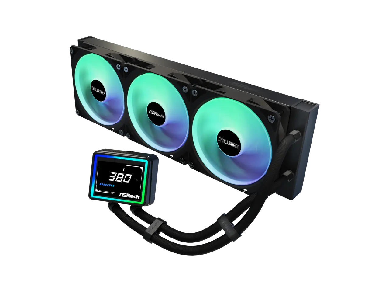ASRock AIO Challenger 360 Digital 27mm radiator, 3" Digital Display w/ ARGB, ARGB Hub-lighting fan, black version