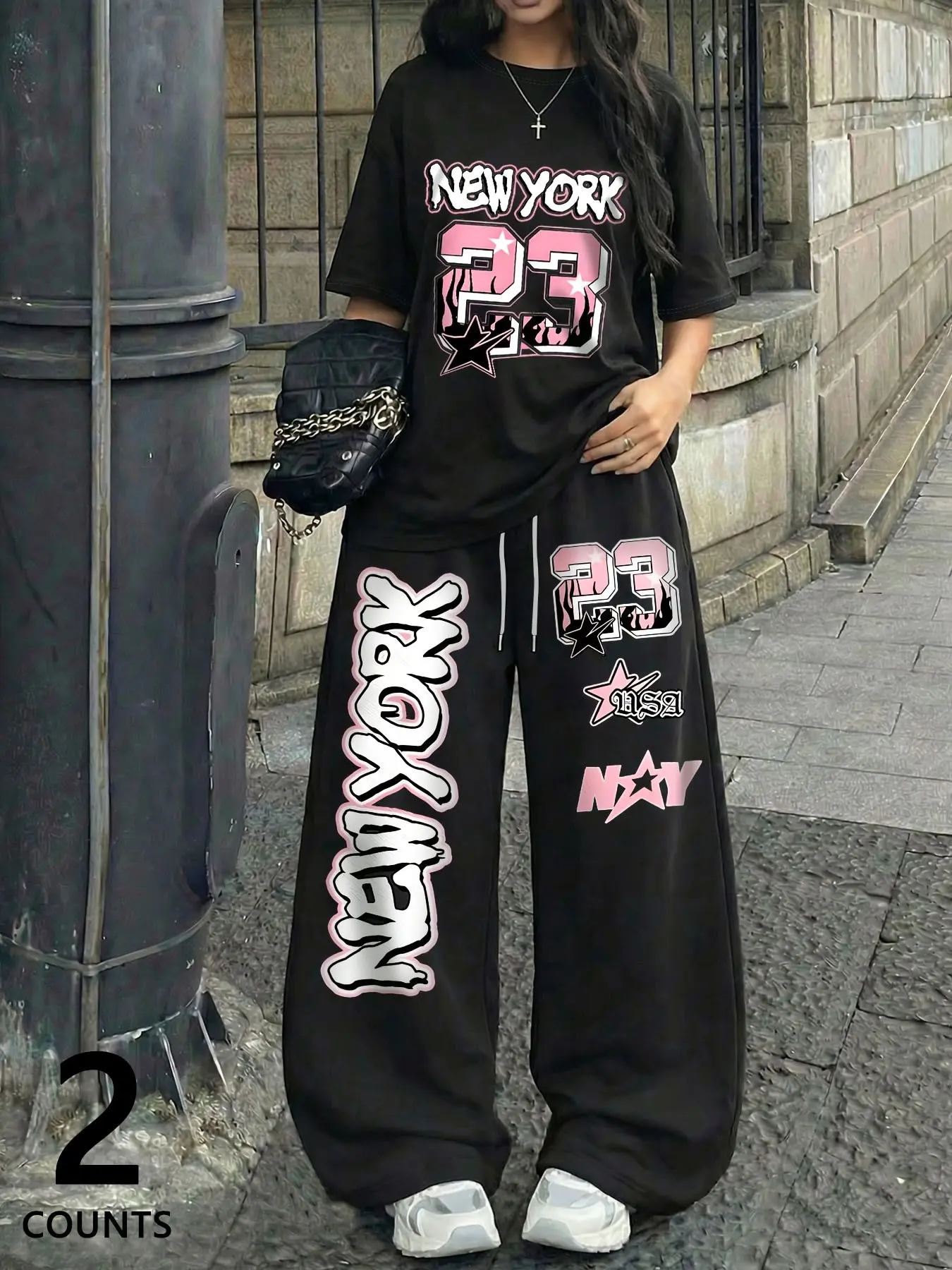 Women's Y2K Graffiti Print Two-Piece Set, Oversized "NEW YORK" Graffiti Graphic T-shirt & Oversized Baggy Wide-leg Pants, Streetwear Fashion for Daily Casual & Hip-hop Outfits, Womenswear, Loose