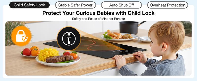 【Valentine's Day Gift】Electric Stove Top 2 Burner, 12inch Electric Cooktop, Built-in Ceramic Cooktop with 9 Power Levels/Timer/Child Safety Lock/Touch Control/Overheat Protection, 220-240V, Hard Wire, No Plug