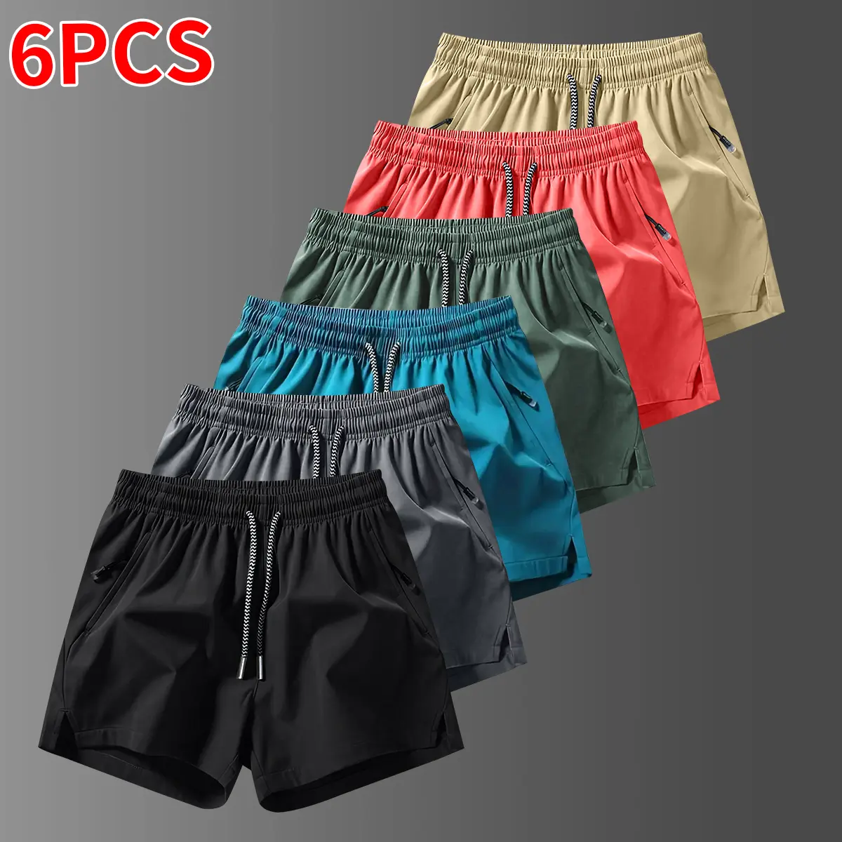 6-pack summer men’s casual mid-length shorts—quick-drying, lightweight athletic shorts suitable for outdoor activities, running, and workouts; quick-drying and breathable to prevent sweat buildup; essential summer quick-drying men’s casual sports mid-leng