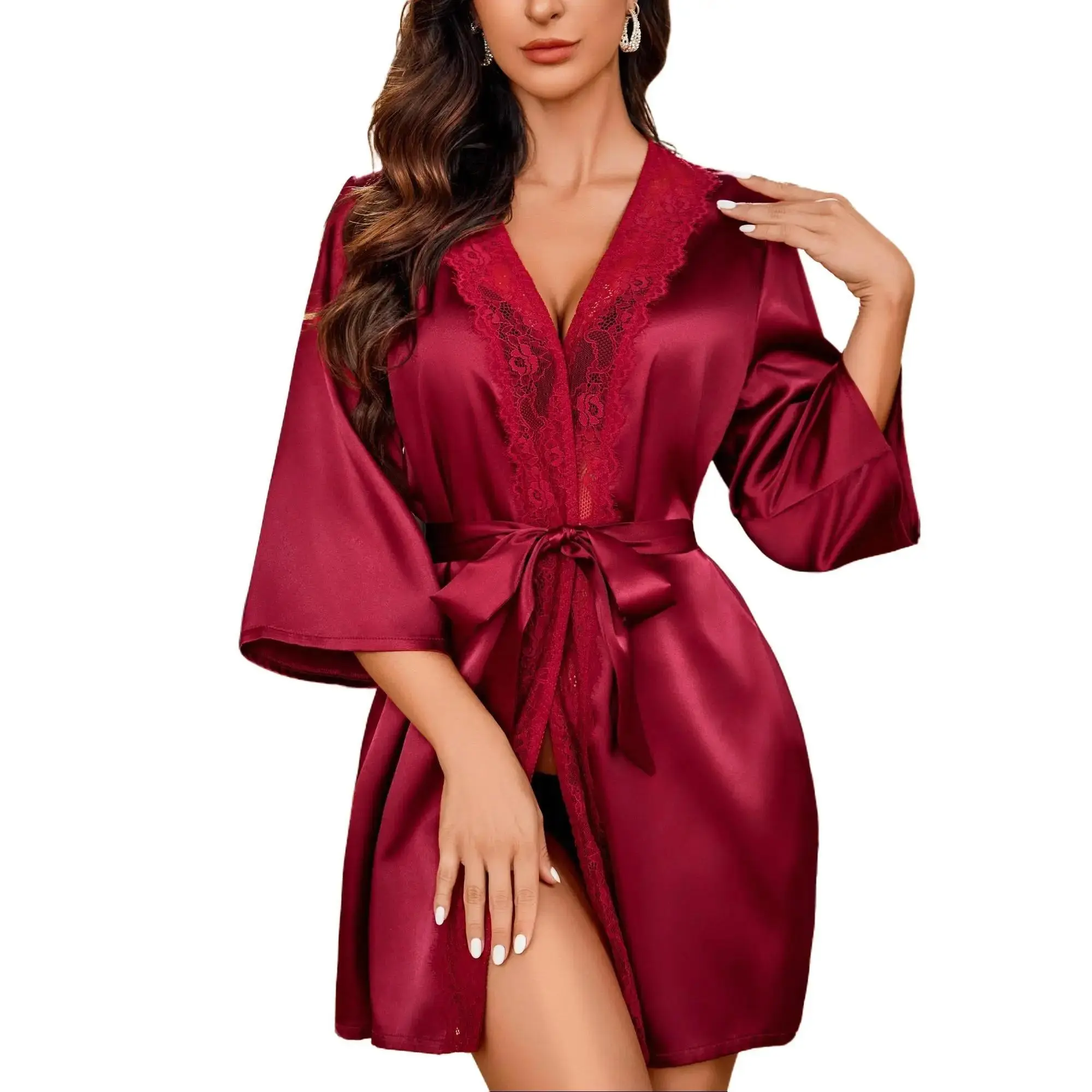 Avidlove Women's Kimono Robe Short Satin Pure Short Silky Robes Super Soft 3D Stereo Cut Adjustable Belt Elegant V-Neck Floral Lace Bathrobe for All Seasons