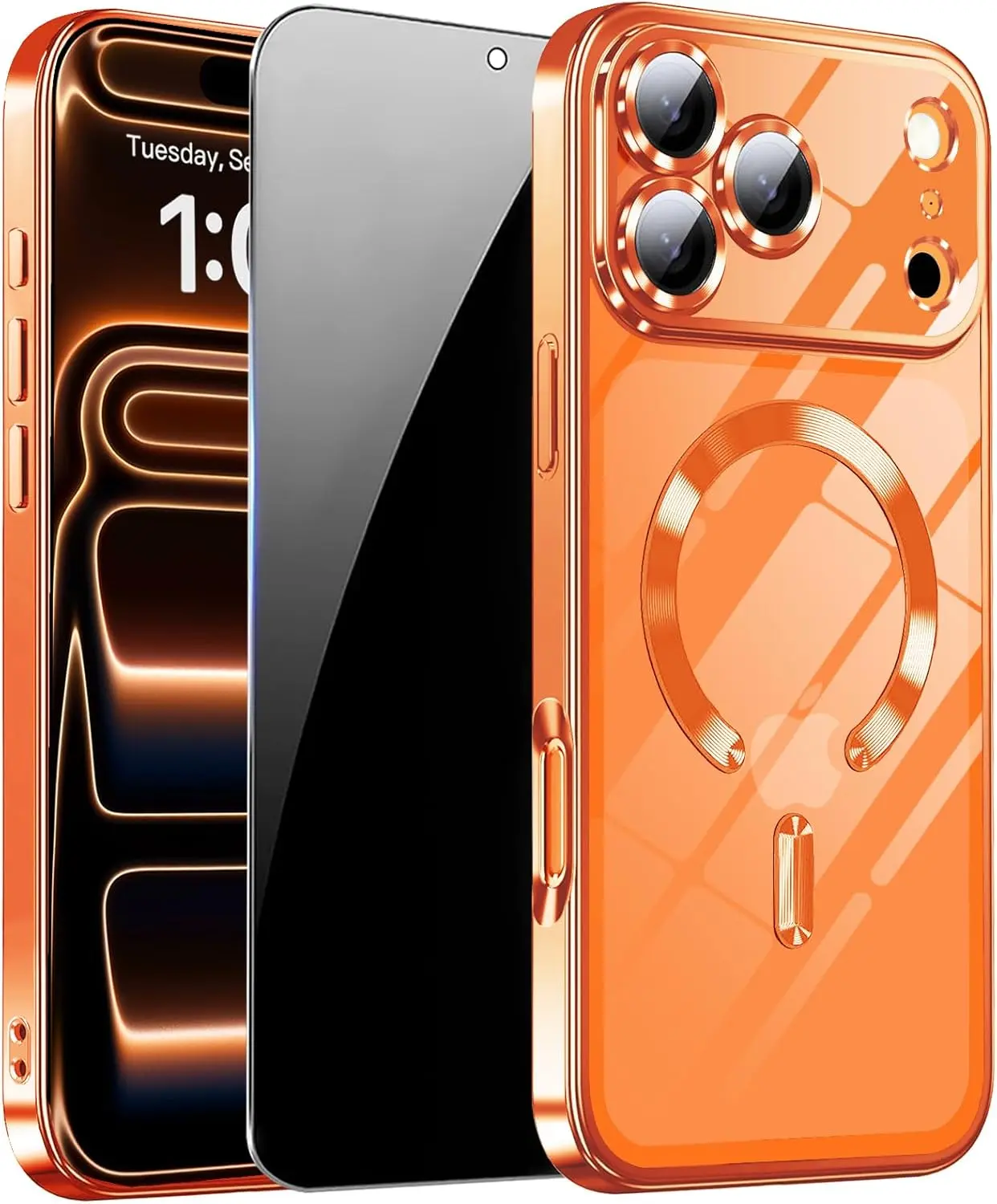 Magnetic for iPhone 17 Pro Case with Privacy Screen Protector & Full Camera Cover,[Non-Yellowing] Shockproof Clear Phone Case Compatible with MagSafe Women Girls for iPhone 17 Pro,Orange