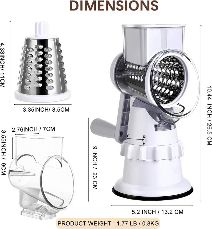 Rotary Cheese Grater Hand Crank Vegetable Slicer with 3 Stainless Steel Blades for Fruit Vegetables Nuts White Kitchen Tool Safe Easy Clean