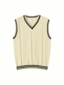 Contrasting Striped Trim Men's V-Neck Knitted Vest - Casual College Sleeveless Sweater