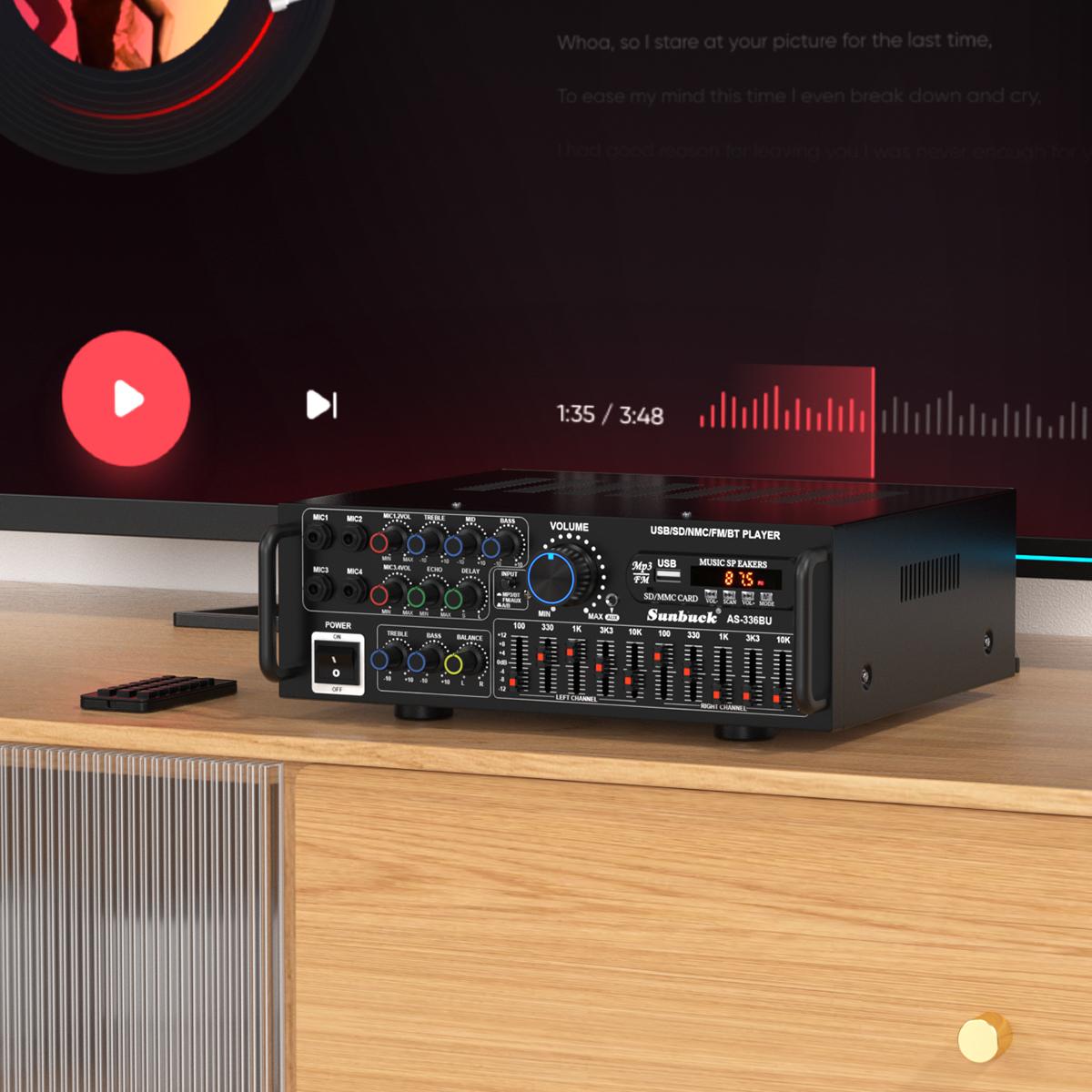 Areyourshop Power Amplifier EQ Bluetooth 5.0 Stereo Amplifier with Remote Control Support USB Disk SD Card for Home Cinema Party