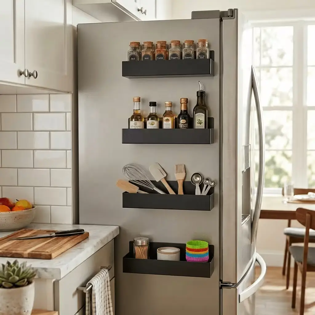 【4-piece magnetic absorption storage rack】Wall-mounted storage rack without drilling - suitable for storage in the side of the refrigerator, in the washing machine, in the cabinet, and in the bathroom for storing skincare products  Modern Kitchen Decor