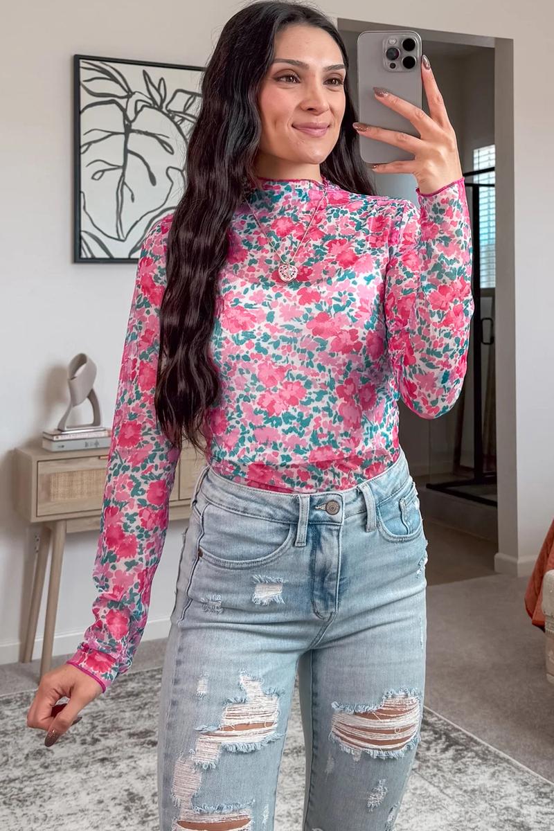 Znacicc Rose Print Mesh Top for Layering, Women's Slim Fit Mock Neck Long Sleeve Blouse , Perfect with Jeans & Jewelry for Going Out