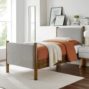 Maven Twin Size Fabric Upholstered Platform Bed in Wheat Walnut