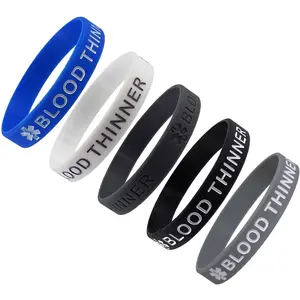 "BLOOD THINNER" Medical Alert ID Silicone Bracelet Wristbands 5 Pack