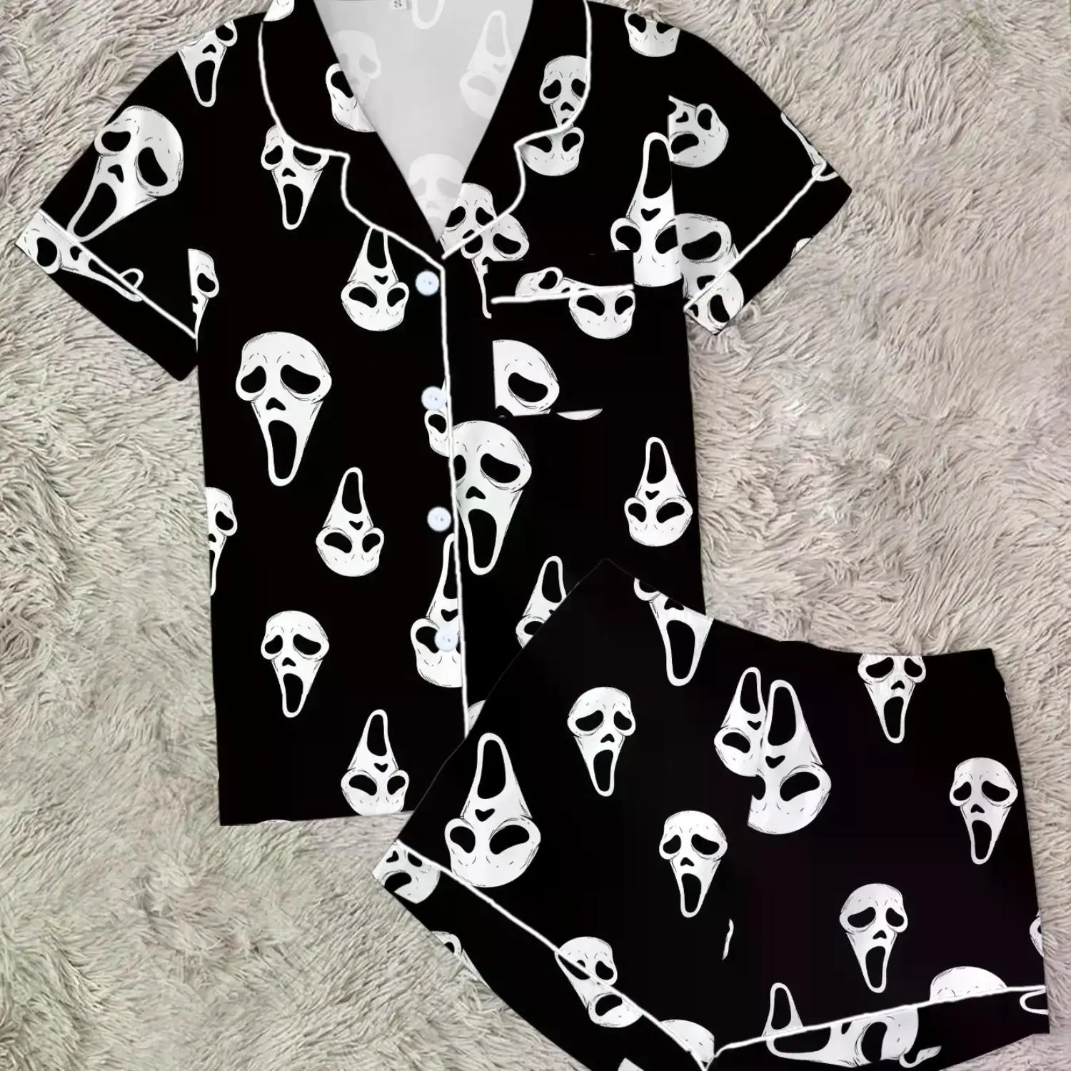 Women’s Halloween Pajama Set, Ghostface Scream Print Button-Down Loungewear Two-Piece (Shirt & Shorts)