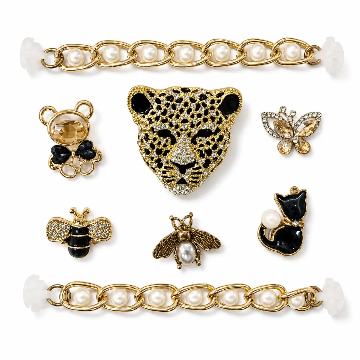 8Pcs Bling Shoe Charms Set, Leopard Bee Cat Bear Rhinestone Accessories for Women’s Clogs and Shoes, Cute Decor for Party & Birthday Fancy Sandals Slippers Gift