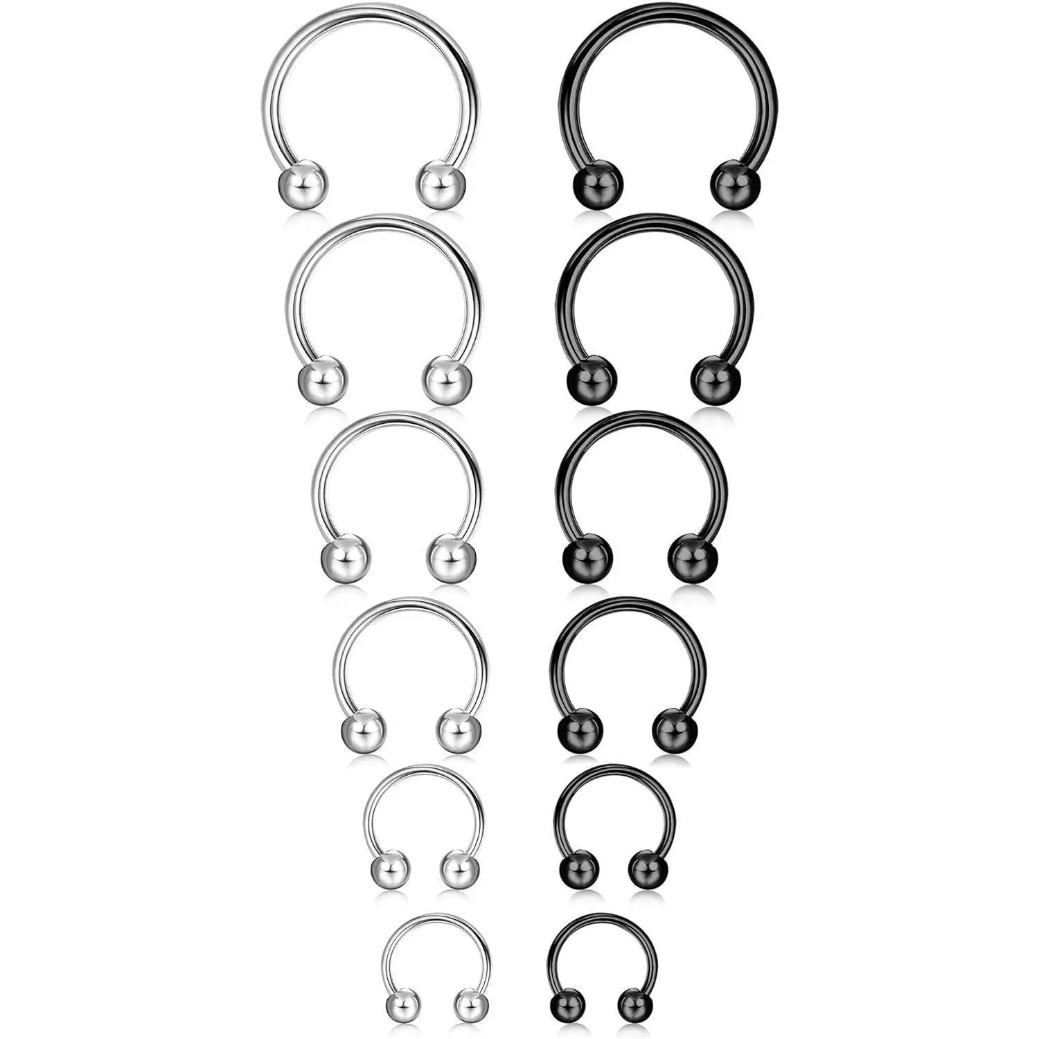 CASSIECA 6-Pair 16G Surgical Steel Unisex Piercing Jewelry - Septum Horseshoe Hoops, 6-16mm Captive Rings for Nose, Eyebrow, Lip