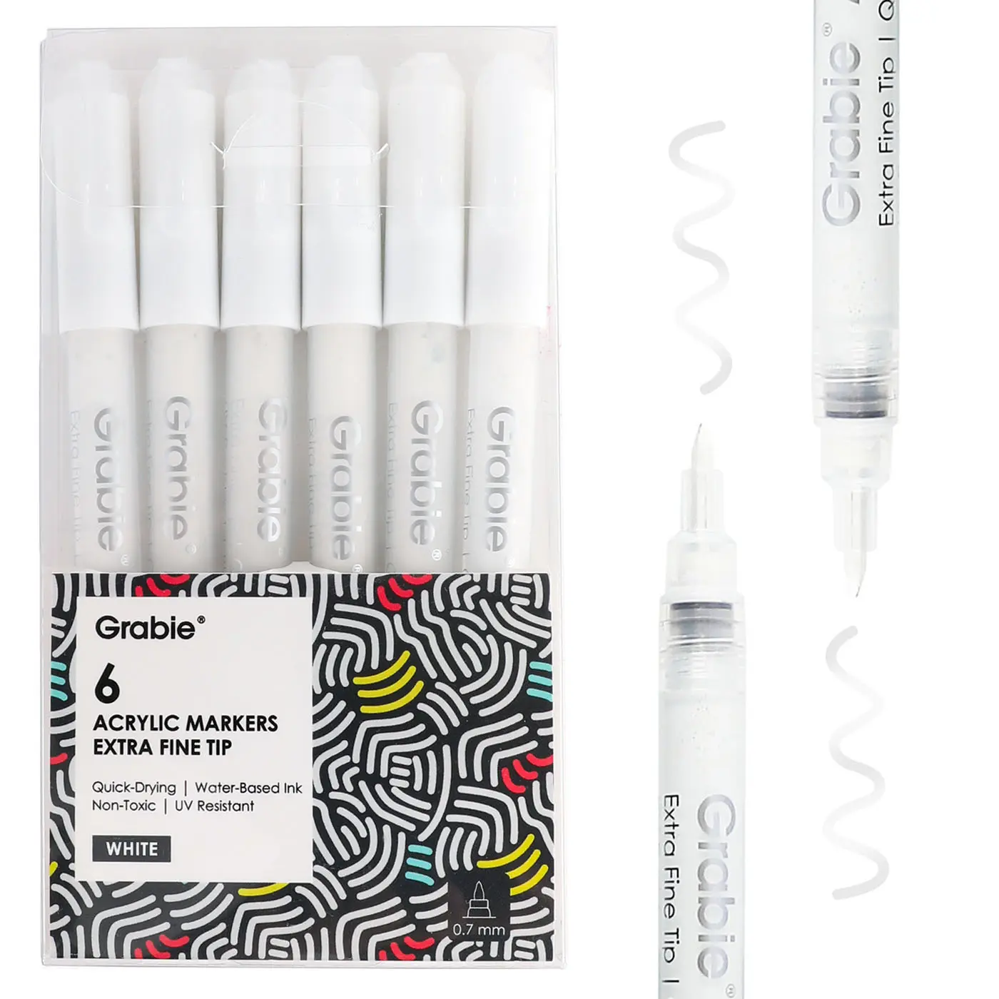 Grabie White 0.7mm Extra Fine Point Acrylic Markers Set of 6 - Art Marker Pen with Safe & Premium Formula, Quick-Drying, Long-Lasting Highlights for Office Stationery Writing & Correction, Back to School Supplies, Smooth, Highly Opaque